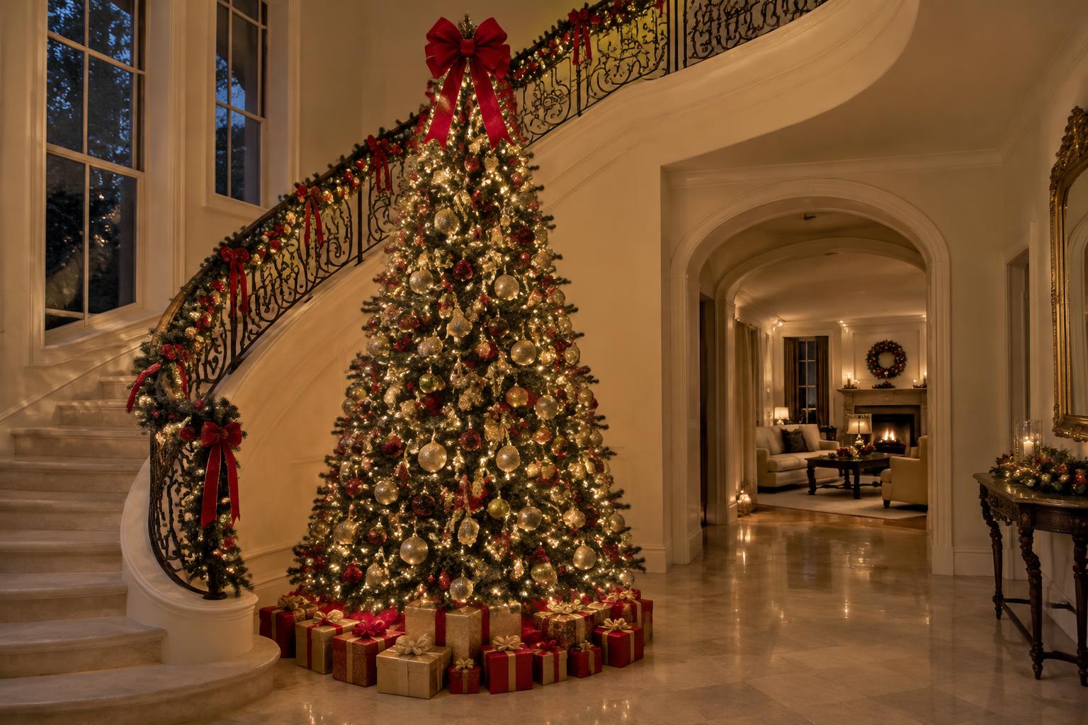 A Christmas tree with warm lights at the foot of a winding staircase